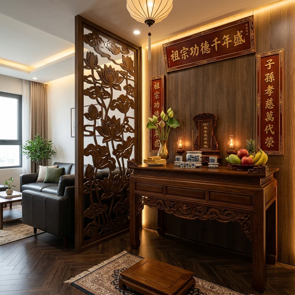 Chi tiết bàn thờ gia tiên gỗ tự nhiên chạm khắc tinh xảo