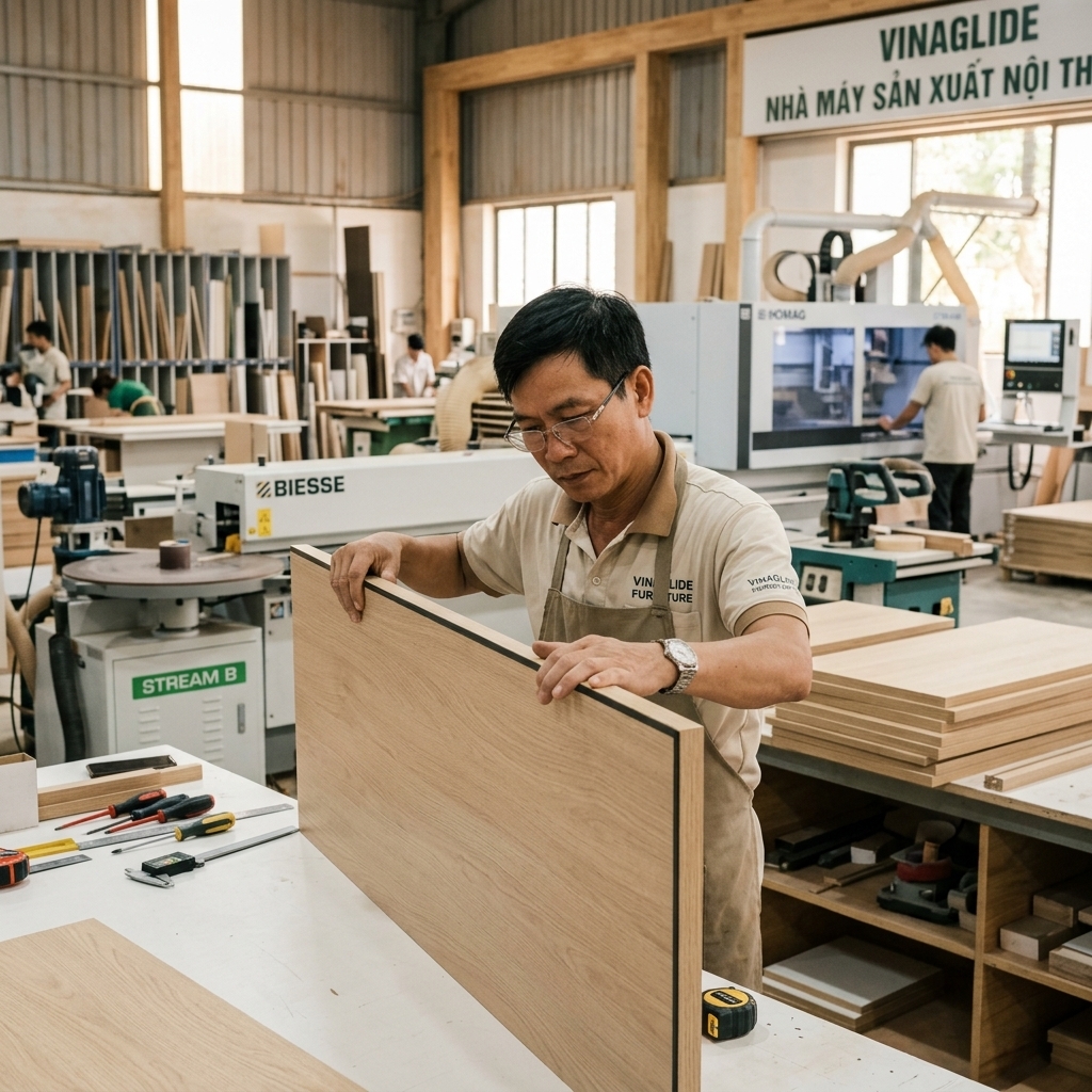 Xưởng sản xuất nội thất gỗ công nghiệp Phương Tú với máy móc CNC hiện đại